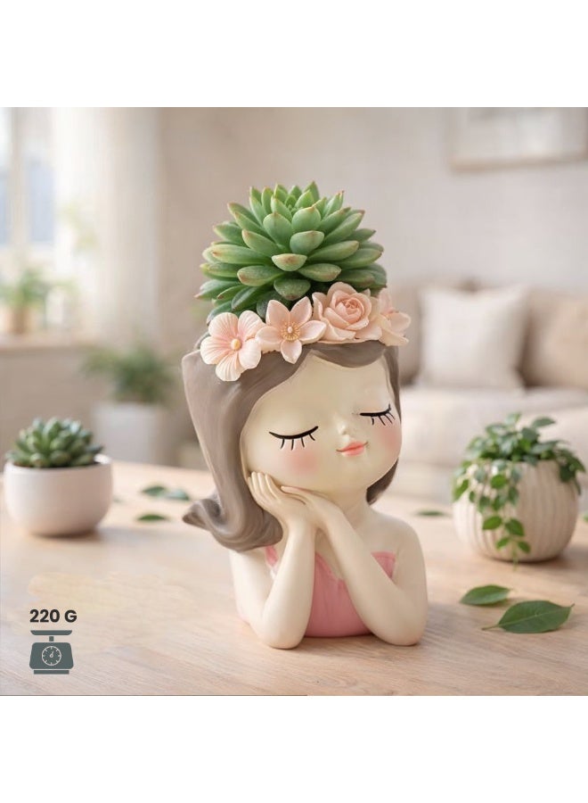 أصيص زهور صغير من بيرام على شكل فتاة جنية وردية اللون من البولي راتنج مزخرف ونباتات عصارية، تمثال جنية لطيف ومزهرية على سطح الطاولة، أصيص زهور، حامل أقلام رصاص، مجموعة أدوات نشر ديكور داخلي وخارجي للمنزل والمكتب (نوم) - Image 3